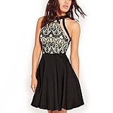 Dreaweet Women's Mesh Vintage Floral Lace Swing Halter Neck Sleeveless Skater Dress