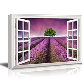 Creative Window View Canvas Prints Wall Art - Tree on a Purple Filed - 24" x 36"