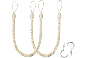 BEL AVENIR Curtain Ropes Tiebacks Tie-Backs, Curtain Handmade Holdbacks with 2 Metal Screw Hooks (Beige, 2pack)