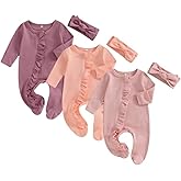 Merqwadd Baby Girl Zipper Pajama Footies 3 Pack Ruffle Sleeper Coming Home Infant Cotton Clothes