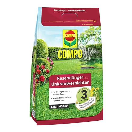 COMPO Rasendünger mit Unkrautvernichter, 12 kg für 400 m² - Rasendünger für das Frühjahr mit 3 Monate Langzeitwirkung