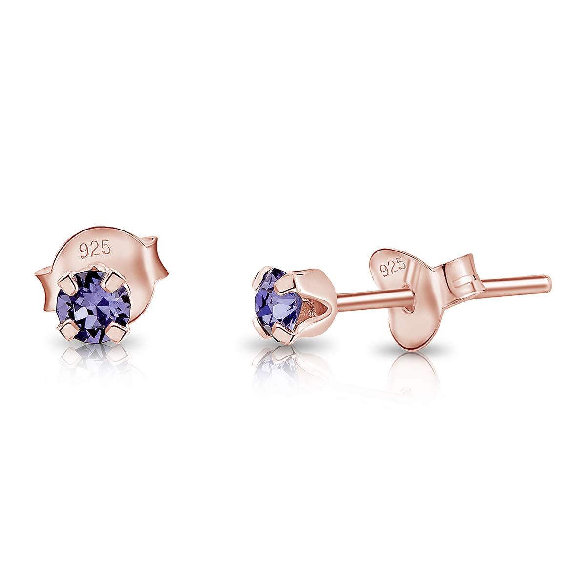 DTPSilver - 925 Sterling Silver Rose Gold plated Round TINY Stud Earrings made with Glittering Crystals from Swarovski® Elements - Diameter: 3 mm - Colour : Tanzanite