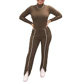 Mrskoala Women 2 Piece Lounge Set Long Sleeve Fitted Mock Neck Matching Wide Leg Pants outfits