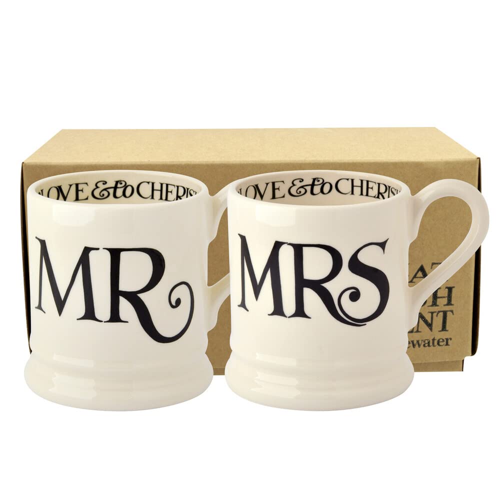 Emma Bridgewater Mr and Mrs Mugs Set of 2, Large 1/2 Pint Stoneware Ceramic Coffee Mugs - Gift Wedding, Engagement Gift Ideas for Couples