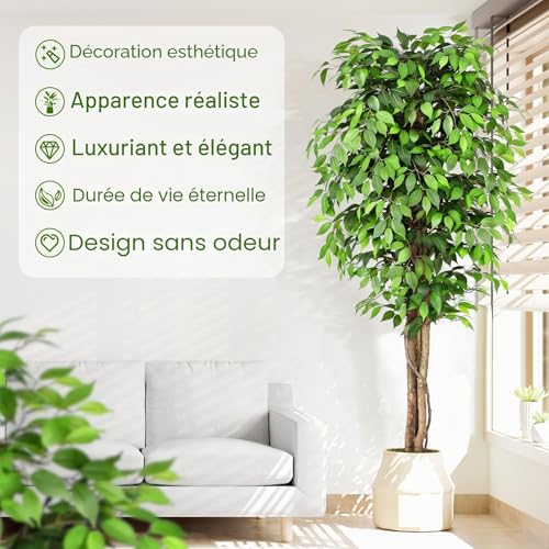 Keeplush Artificial Ficus Plants 210 cm High with Natural Wood Trunk, Artificial Tree with 1760 Leaves, Artificial Indoor for Living Room, Bedroom Decoration