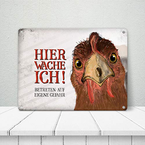 trendaffe - Hier wache ich! Huhn Blechschild in 15x20 cm - Hier wache ich! Henne Metallschild Dekoschild – Bild 4