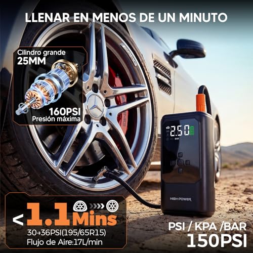 Arrancador de Batería 6000A con Compresor, 10 en 1 Jump Starter 12V para 10L Diésel, Inflador 160 PSI, Luz LED y Cable de arranque estándar – Caja de Arranque Portátil para Auto, Edición estándar