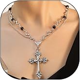 Mexegy Layered Chunky Cross Pendant Necklace for Women,Gothic Wavy Black Bead Statement Collarbone Necklace,Trendy Party Halloween Jewelry Accessories Gift
