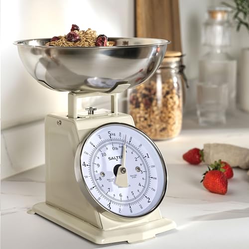 Salter SA00562BFEU12 Timeless Mechanical Kitchen Scale - 5kg Capacity, 1 Litre Dishwasher Safe Bowl, Classic Design, Easy to Read Large Digit Dial, 22cm, Cream