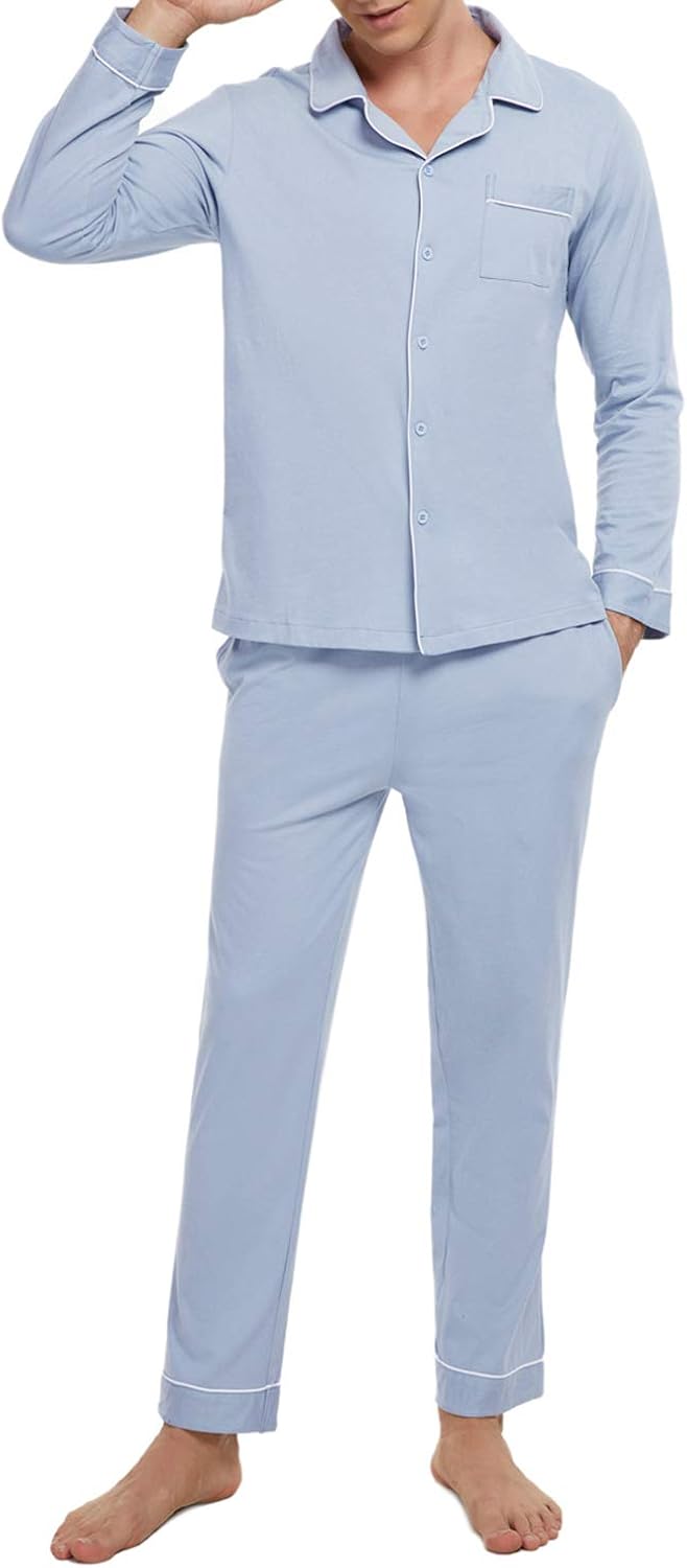 Mens Pajamas Set100 Cotton Lightweight Short Sleeve Pjs Sleepwear ButtonDown Pajamas Set for