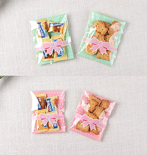 NUOMI 200Pcs Self Adhesive Cellophane Bags, Resealable Cookie Treat Bags for Gift Giving, 3.9"x3.1" Poly Bags Good for Bakery Candle Soap Candy, Pink&Green Polka Dots with Bow Decoration - Thumbnail 2