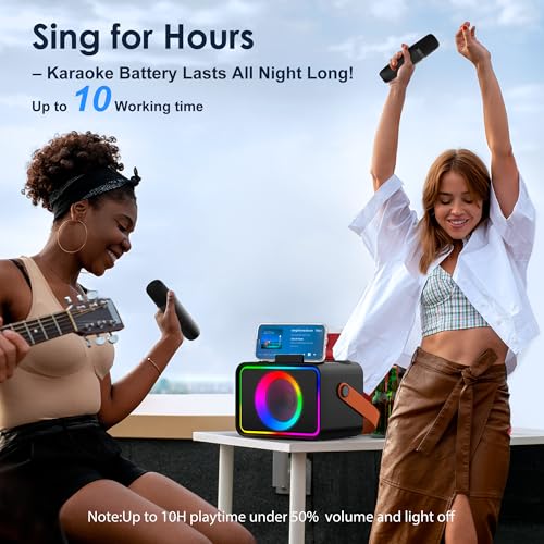 Karaoke Machine,Portable Bluetooth Speaker with 2 Wireless Microphone for Adults & Kids with LED Lights, Karaoke Microphone with PA System Supports USB/TF/AUX,Gift for Party (Black)
