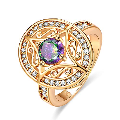 Kurmase Yellow Gold Plated Created Emerald Quartz Art Deco Statement Ring for Women (Color : Rainbow, Size : 7)