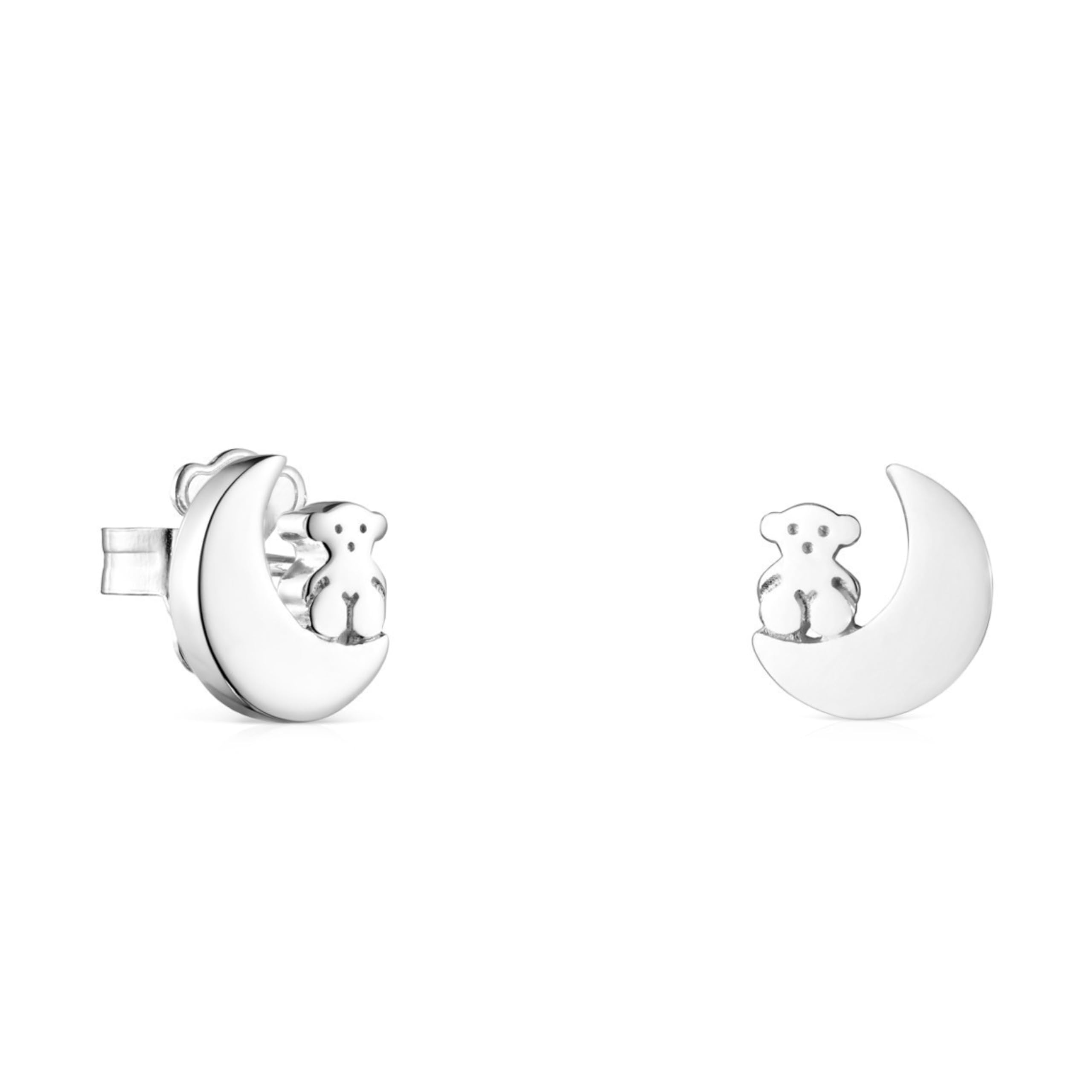 TOUS Sterling silver earrings for women with bear and moon motif 1 cm, with snap closure, fine and elegant, Nocturne collection