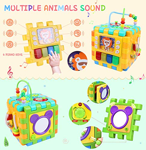 BBLIKE Baby Activity Cube with Bead Maze, 6 in 1 Multipurpose Activity Center Busy Learner Cube with Shapes Maze Music Gears Clock Educational for Kids 1 Year+