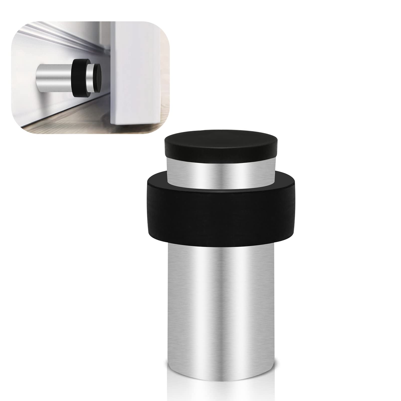 Door Stops, Floor Wall Mounted Door Stopper Heavy Duty Stainless Steel Doorstop Silver Modern Tall Door Stop with Sound Dampening Rubber Bumper Floor Door Stoppers for Skirtings, 1pack