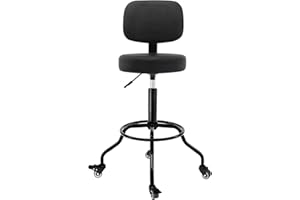 CoVibrant Heavy Duty Shop Stool with Ergonomic Backrest - Lockable Rubber Wheels & High Footrest, 360° Swivel, Adjustable Height for Garage Workshop Workbench, 350lbs Capacity (Black, 24"-27")