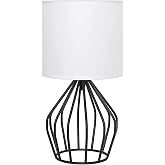 HAITRAL Modern Bedside Table Lamp - Minimalist Small Lampblack/White | 13.8Inch,Hollowed Out Base,Linen Fabric Shade,Metal Nightstand Lamp for Bedroom Living Room Side Table Desk Kids Room