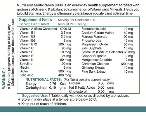 NutriLeon Multivitamin Daily with Spirulina, Ginseng & Pine Bark extract 90 Tablets 5 NutriLeon Multivitamin Daily with Spirulina, Ginseng & Pine Bark extract 90 Tablets - Image 5