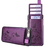 iPhone 8 Plus / iPhone 7 Plus Wallet Case, Leather Card Holder Cases for Women, 3 Hidden Credit Card Holder / ID Card Slot & Money Pockets, Protective Butterfly Flower Pattern Cover - Purple