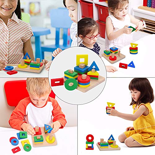 Japace Wooden Sorting Stacking Toys,Color Recognition Stacker Puzzle, Shape Sorter Educational