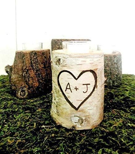 Personalized Couples Initials Birch Rustic Wedding Anniversary Candle Holder