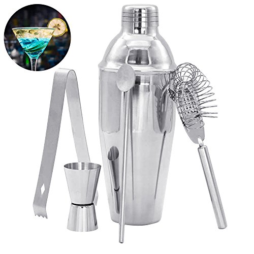 Lucky Monet 5PCS Stainless Steel Cocktail Shaker Bar Set Bar Tool Mixer Kit with Professional Drink Shaker, Strainer, Measuring Jigger, Ice tong, Bottle Opener