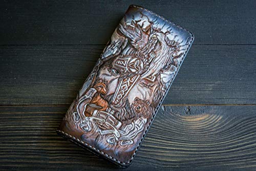 Men's 3D Genuine Leather Wallet, Long wallet, Travel wallet, Biker wallet, Clutch wallet, Hand-Carved, Hand-Painted, Leather Carving, Custom wallet, Personalized, Boat, Navigational Compasses, Ship - Thumbnail 2