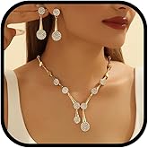 sunglnl Necklace And Earring Sets For Women, 14k Gold-Plated Chunky Charm Necklaces With Cubic Zirconia Pendant Statement Earrings Jewelry Gift