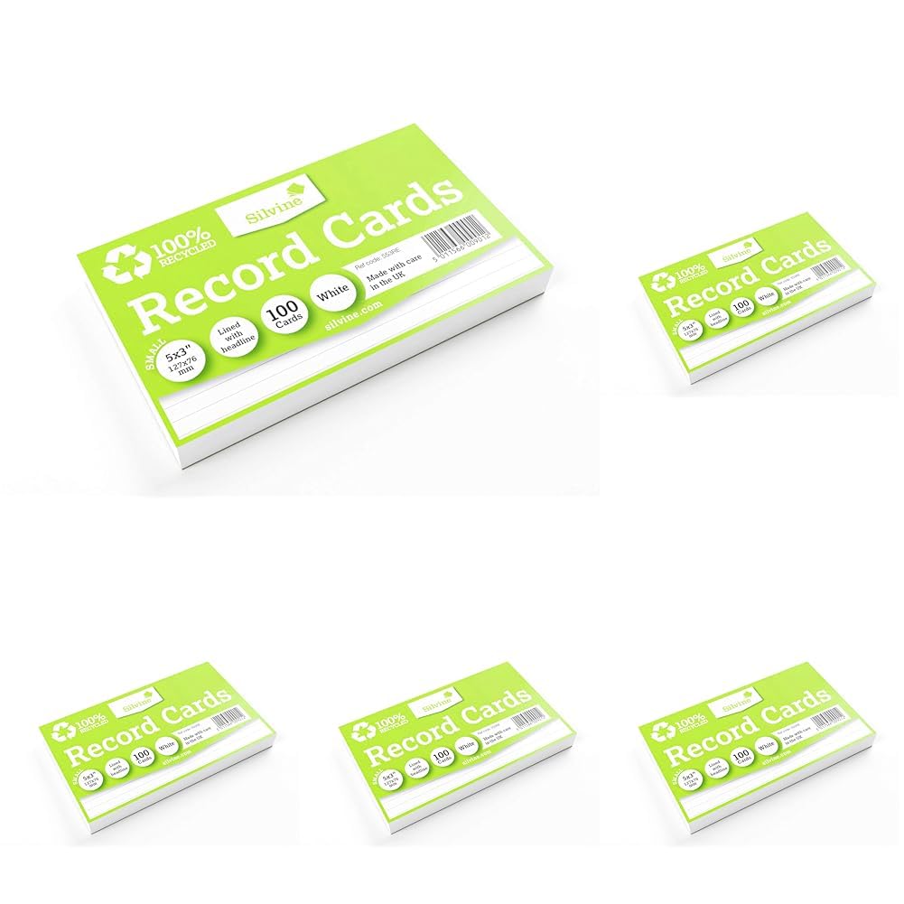 Silvine 5x3 100% Recycled Flash Cards - Lined (100 Cards) White (Pack of 5)