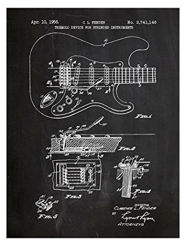 Inked and Screened "Fender Stratocaster Guitar Design Patent Art Poster Silk Screen Print, Chalkboard