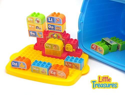 Learning Barrel â€“ Building block for preschoolers, printed with capital, small letters and various words with illustrations; a large set up for building bricks compatible parts