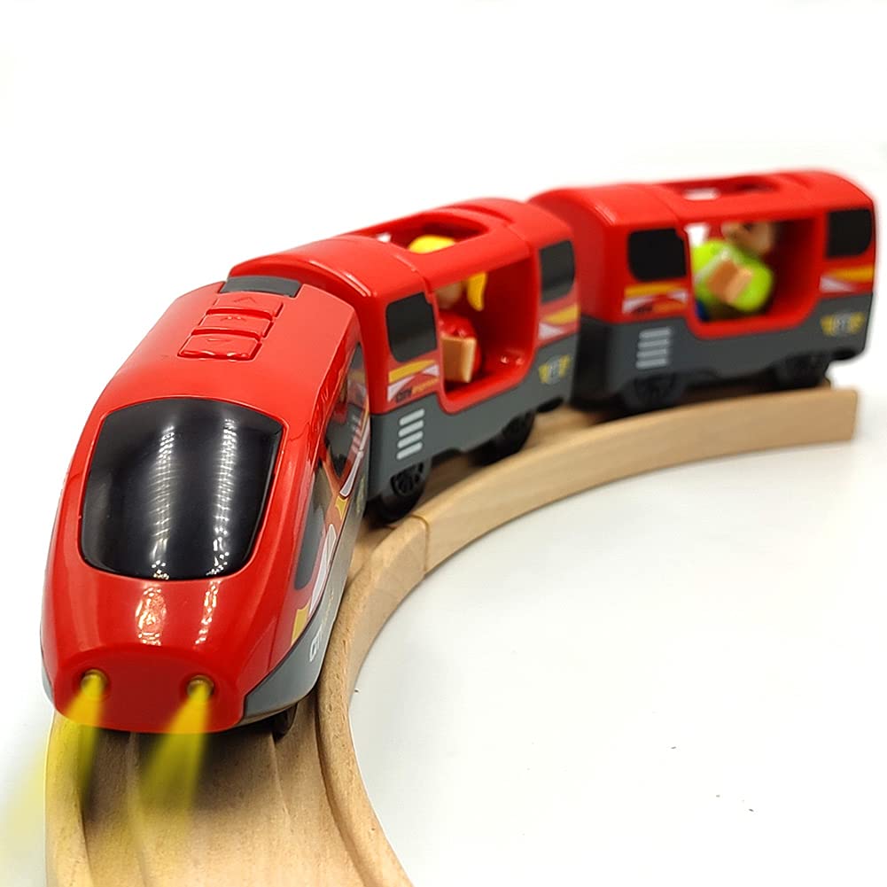 Photo 1 of DSHMIXIA Battery Operated Trains for Wooden Train Track Set Locomotive with Light for Toddlers 3 4 5 Year Old Boys Red High Speed Magnetic Couplings with Passengers(Without Battery)