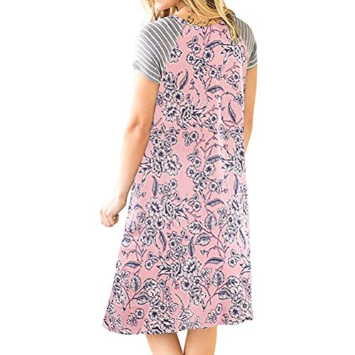 Women Striped Short Sleeve Round Neck Floral Printed A-line Midi Dress Pink
