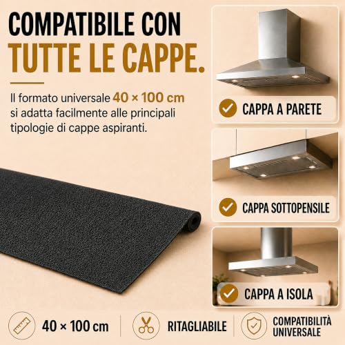 Universal Cooker Hood Filter with Activated Carbon 40 x 100 cm | Anti-Odour Grease Cloth Can Be Cut Out | Filters for Recirculating Cooker Hood | Compatible with All Extractor Hoods | Made in Italy