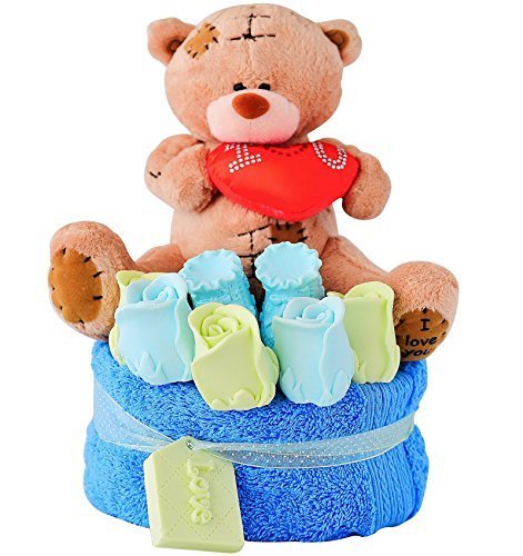 Baby Shower Gift Ideas for Boys - Unique It's a Boy Newborn Birth Cake Kit - Premium Scented Boyish Handmade Soap Roses, Shoes, Bear and Towel Perfect Present Set