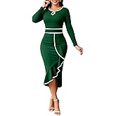 Women's Elegant Church Vintage Bodycon Dress Casual Long Sleeve Work Business Pencil Split Sheath Midi Dresses