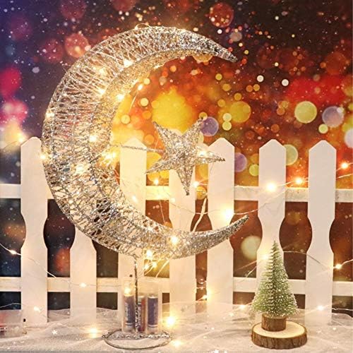 ODOSAN Christmas Tree Topper Glitter Powder Star and Moon Treetop with Lights Silver 20CM