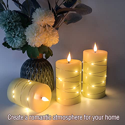 Set of 3 Flickering Flameless Candles with Embedded String Light, Battery Operated Pillar Real Wax 3D Teardrop-Shaped Wick LED Candle Sets with Remote Control Timer
