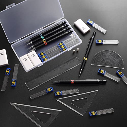 Druckbleistift 0,5-4 Stücke Metall Druckbleistift 0,5 Set,10 Stücke Bleistiftminen 0,5 mm HB,Radiergummis,Herrscher,Dreiecke,Winkelmesser für Haus, Schule und Büro