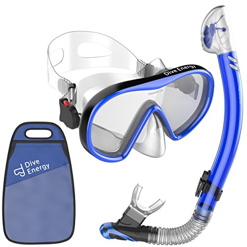 DIVE ENERGY Adult Dry Snorkel Set - Anti-Fogging Protection & Tempered Glass - Clear View Scuba Diving Mask and Easy Breathing No Leaks Snorkel + Carry bag (Blue)