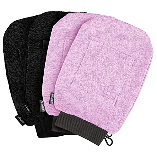 Vive Exfoliating Mitts for Body (4 Pack) - Scrub Gloves with Soap-Saver Pocket - Body Exfoliate Shower Dead Skin Remover - Deep Microdermabrasion Exfoliator for Kerastosis Pilaris - Premium