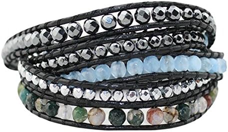Babao Jewelry Stunning Hematite Colours Agate Beads Leather Wrap Bracelet 5 Wraps