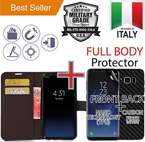 Samsung Galaxy S8 PLUS Dark Brown [PU Leather Wallet] Case + [FULL BODY COVERAGE] (Front [TPU] + Back [Carbon Fiber]) [Flip Stand] Cover [Shock Absorbent] Armor Protection [Cash Credit ID Card]