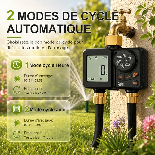 GIEX Programmateur d’arrosage rechargeable 2 zones, minuteur d’eau programmable à 2 sorties avec entrée en laiton, batterie intégrée, retard pluie et arrosage manuel