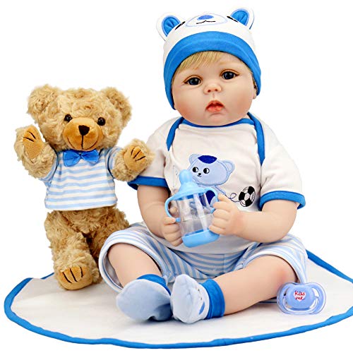 Aori Lifelike Reborn Baby Boy Doll 22 Inch Handmade Weighted Reborn Baby Doll with Bear Toy