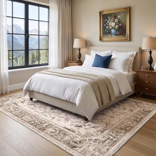 IKALIFE Beige Vintage Living Room Rug 300 x 400 cm – Machine Washable Short Pile Non-Slip Soft Large for Living Room Bedroom Hallway Dining Room