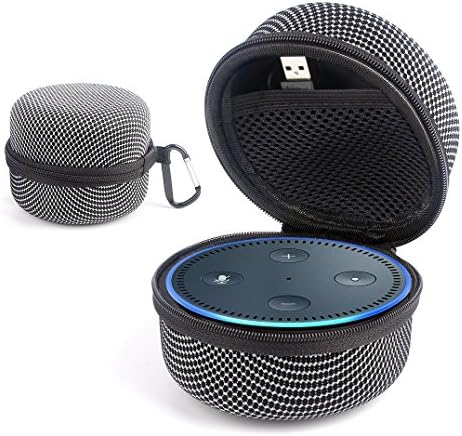 Echo Dot Protective Case - Travel Carrying Case with Screw-Lock Carabiner EVA Upscale Fabric Portable Hard Box Cover Bag for Echo Dot(2nd Generation), fits USB Cable and Wall Charger (Grid)