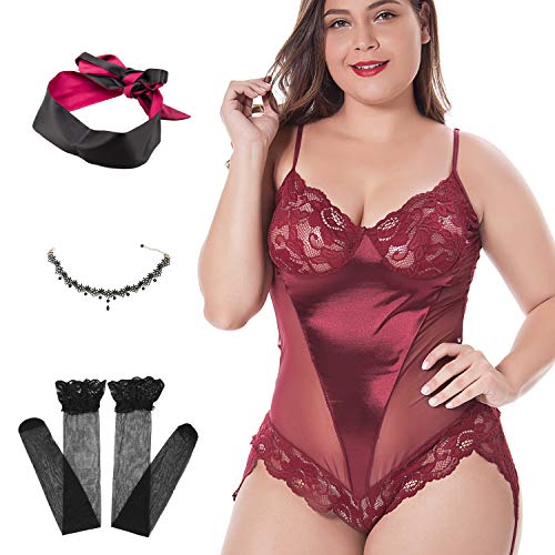 Sexy Women's Lingerie Set Plus Size - Includes Garter, Stockings and Lace Eye Mask Blindfold, Handcuffs, Necklace Accessories Wine Red L