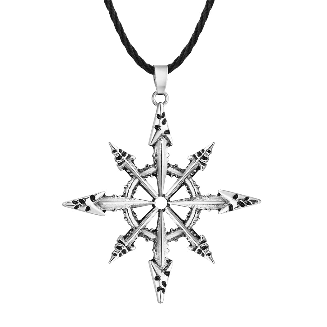 LUTAKU Satanic Chaotic Star Pendant Necklace for Men Women Magic Kabbalah Chaos Wheel Charm Black Leather Clavicle Chain Amulet Jewelry